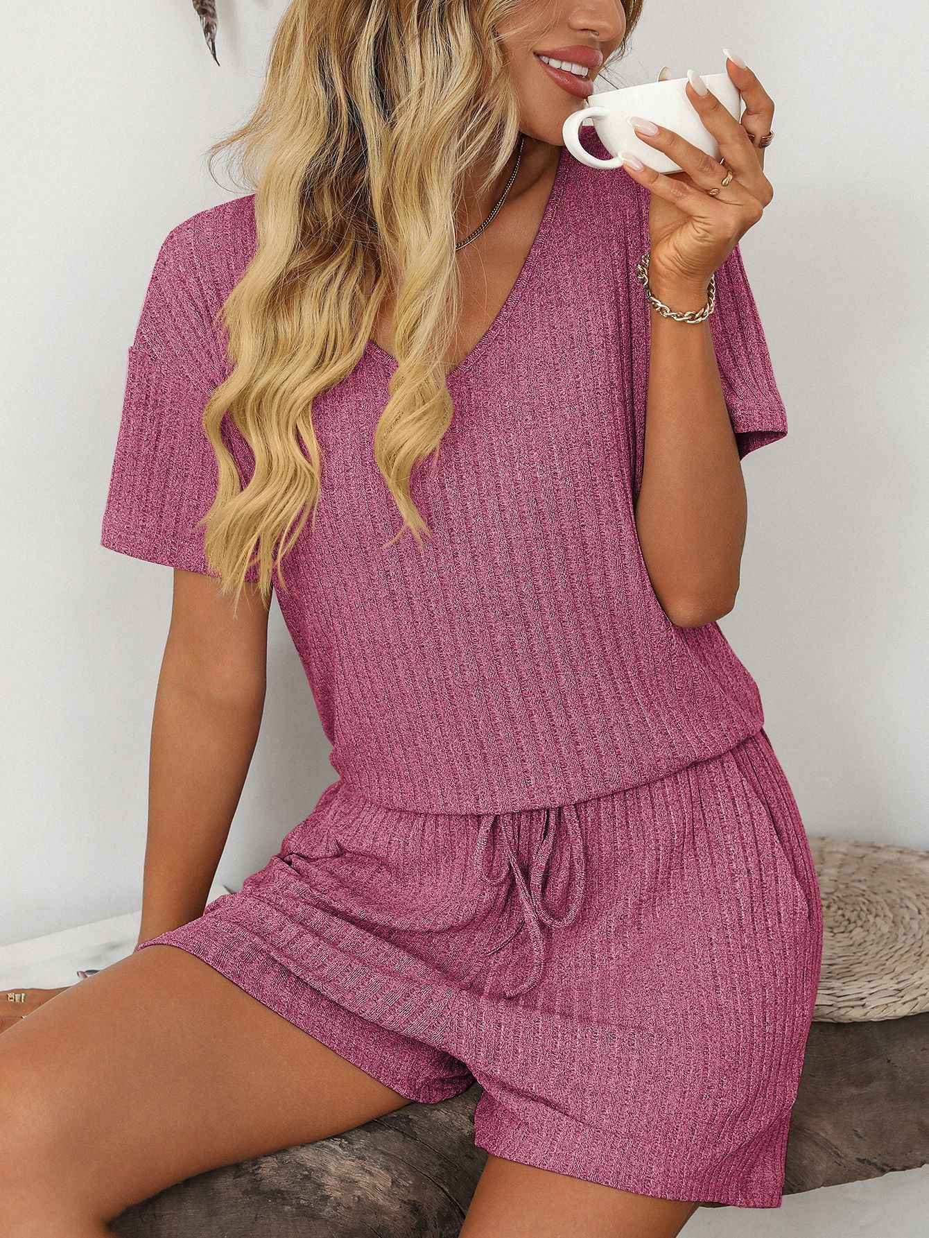 Ribbed Short Sleeve Loungewear Set