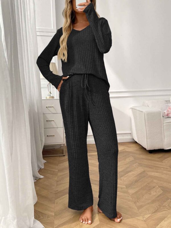 Ribbed Round Neck Long Sleeve Pajama Set