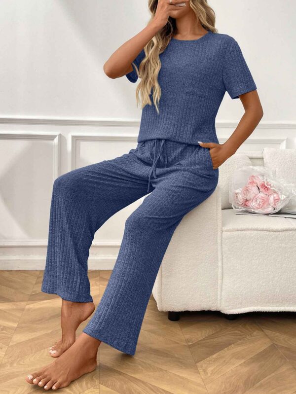1d607a47 d8053440 0c5d 4166 ae40 452fb5fc889c.jpg Ribbed Round Neck Short Sleeve Long Pants Set-Blue