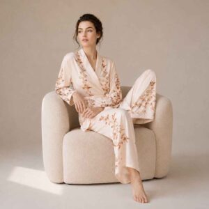 Satin Chiffon Printed Long Sleeve Casual Loungewear Set