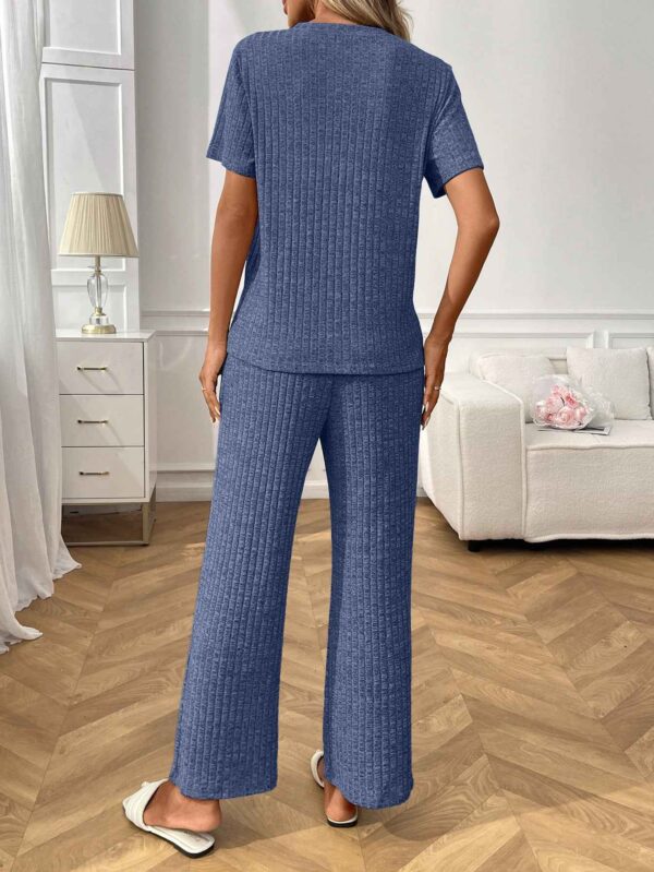 2419c17c d31ee80e 2c22 471f bf03 204a1bf566c0.jpg Ribbed Round Neck Short Sleeve Long Pants Set-Blue