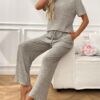 Ribbed Round Neck Short Sleeve Long Pants Set-khaki