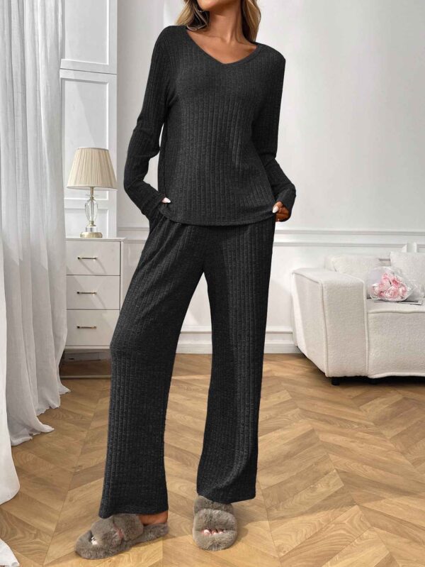 Ribbed Round Neck Long Sleeve Pajama Set