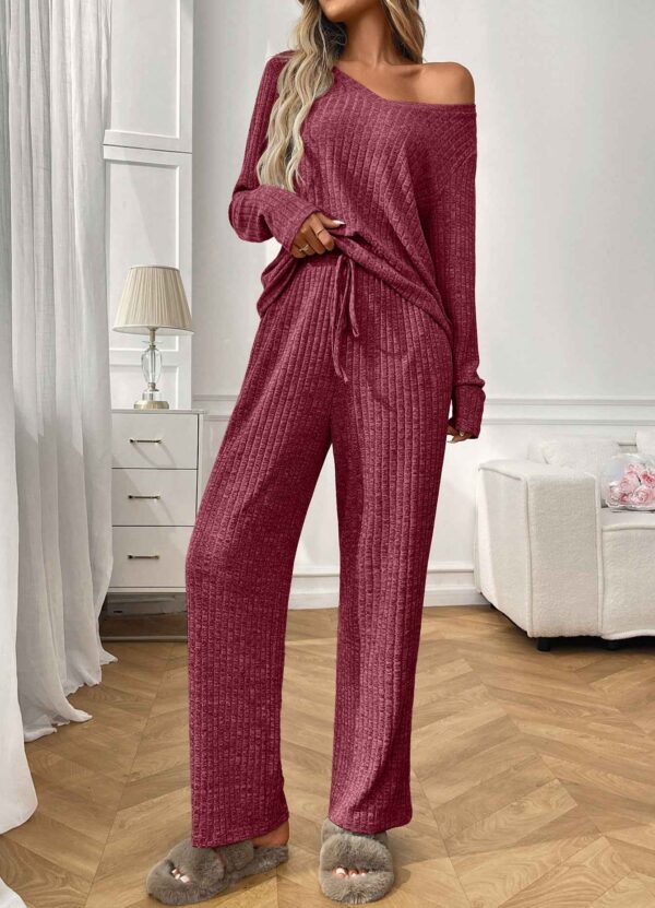 Ribbed Round Neck Long Sleeve Pajama Set
