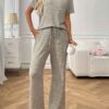Ribbed Round Neck Short Sleeve Long Pants Set-khaki