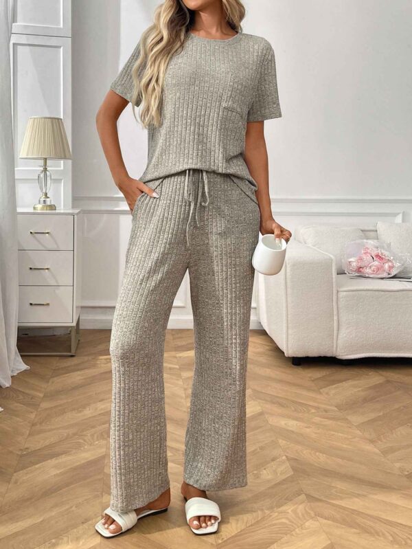 Ribbed Round Neck Short Sleeve Long Pants Set-khaki