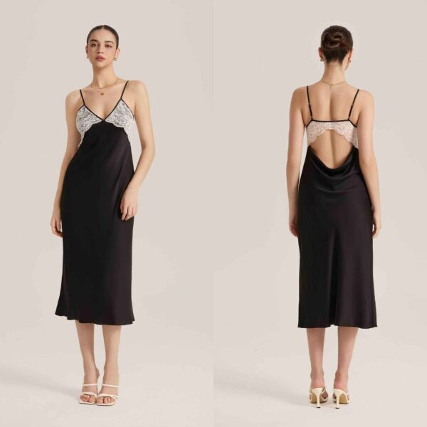 Lace Splice Backless Satin Camisole Nightgown