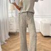 Ribbed Round Neck Short Sleeve Long Pants Set-khaki