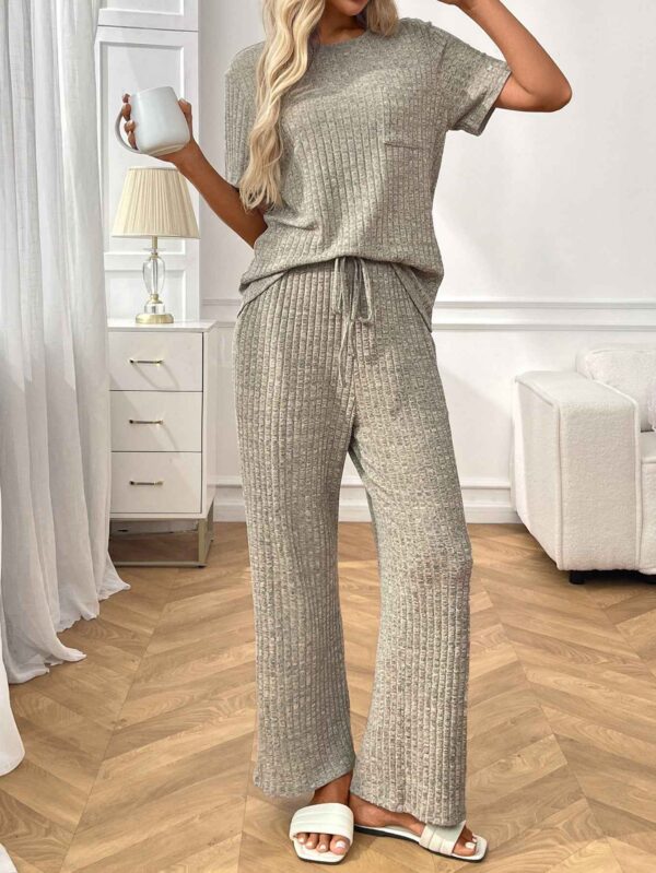 Ribbed Round Neck Short Sleeve Long Pants Set-khaki
