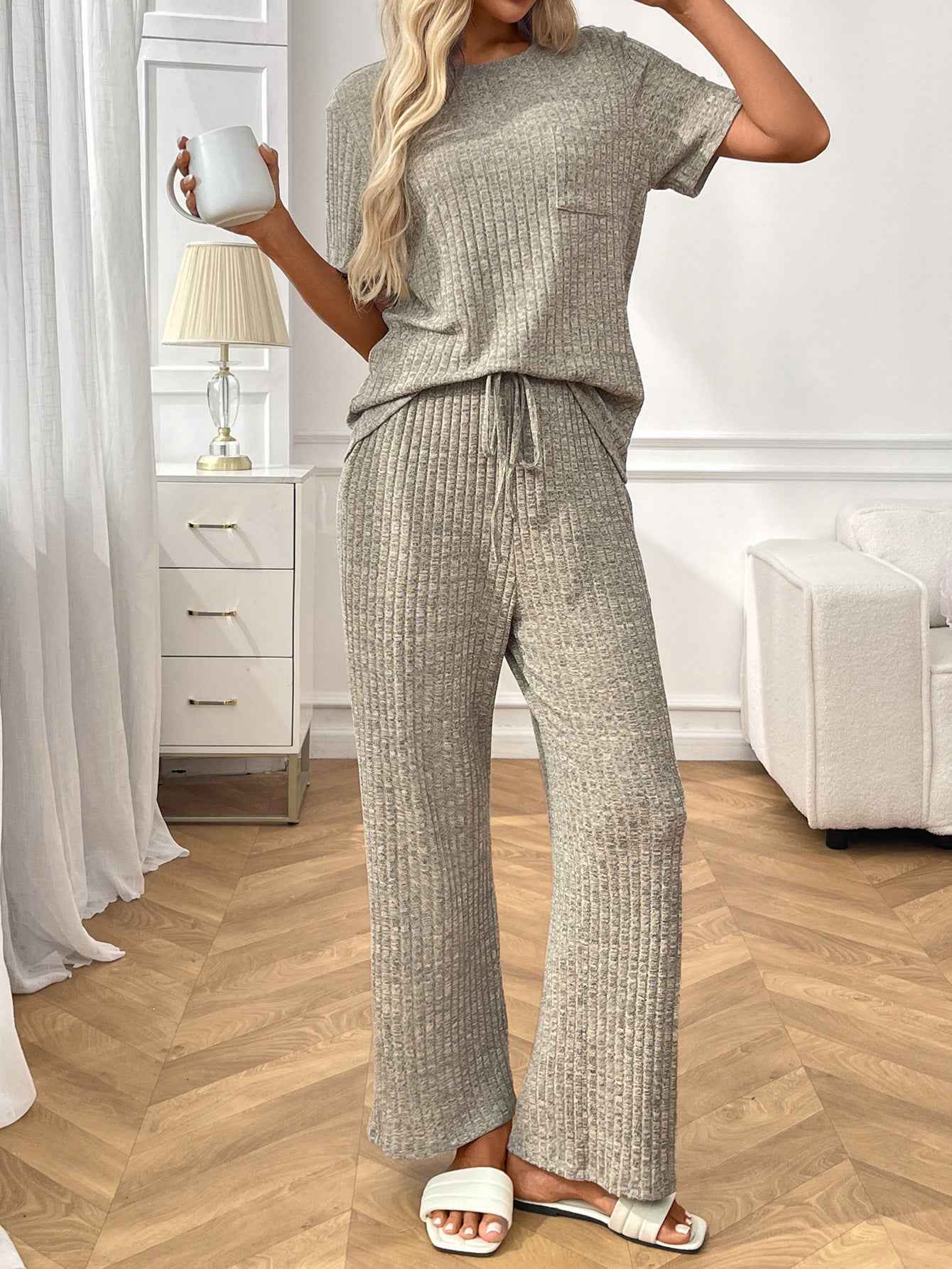 Ribbed Round Neck Short Sleeve Long Pants Set-khaki