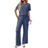 Ribbed Round Neck Short Sleeve Long Pants Set-Blue