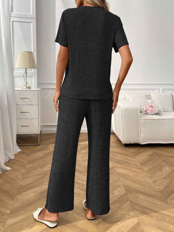 Ribbed Round Neck Short Sleeve Long Pants Set-Black