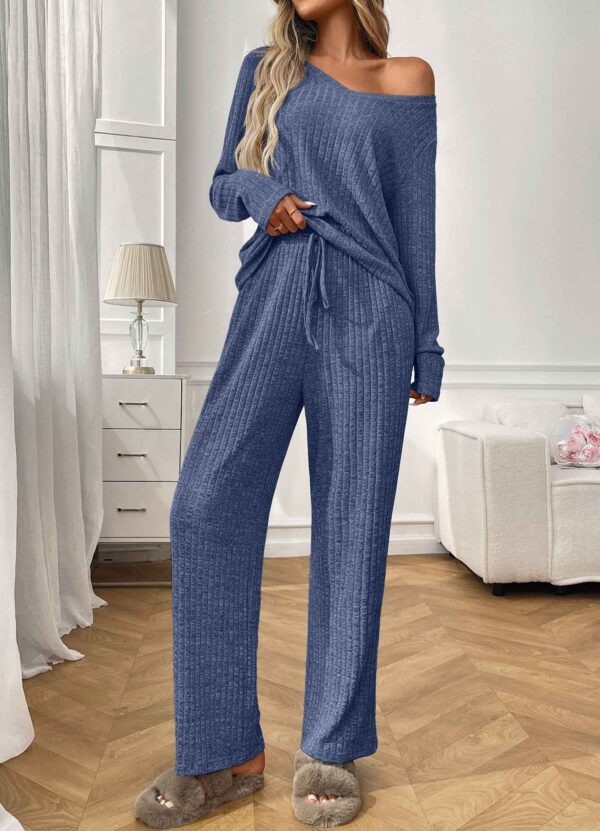 Ribbed Round Neck Long Sleeve Pajama Set