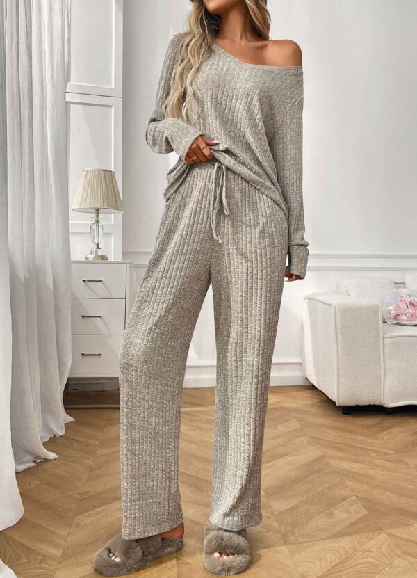 Ribbed Round Neck Long Sleeve Pajama Set