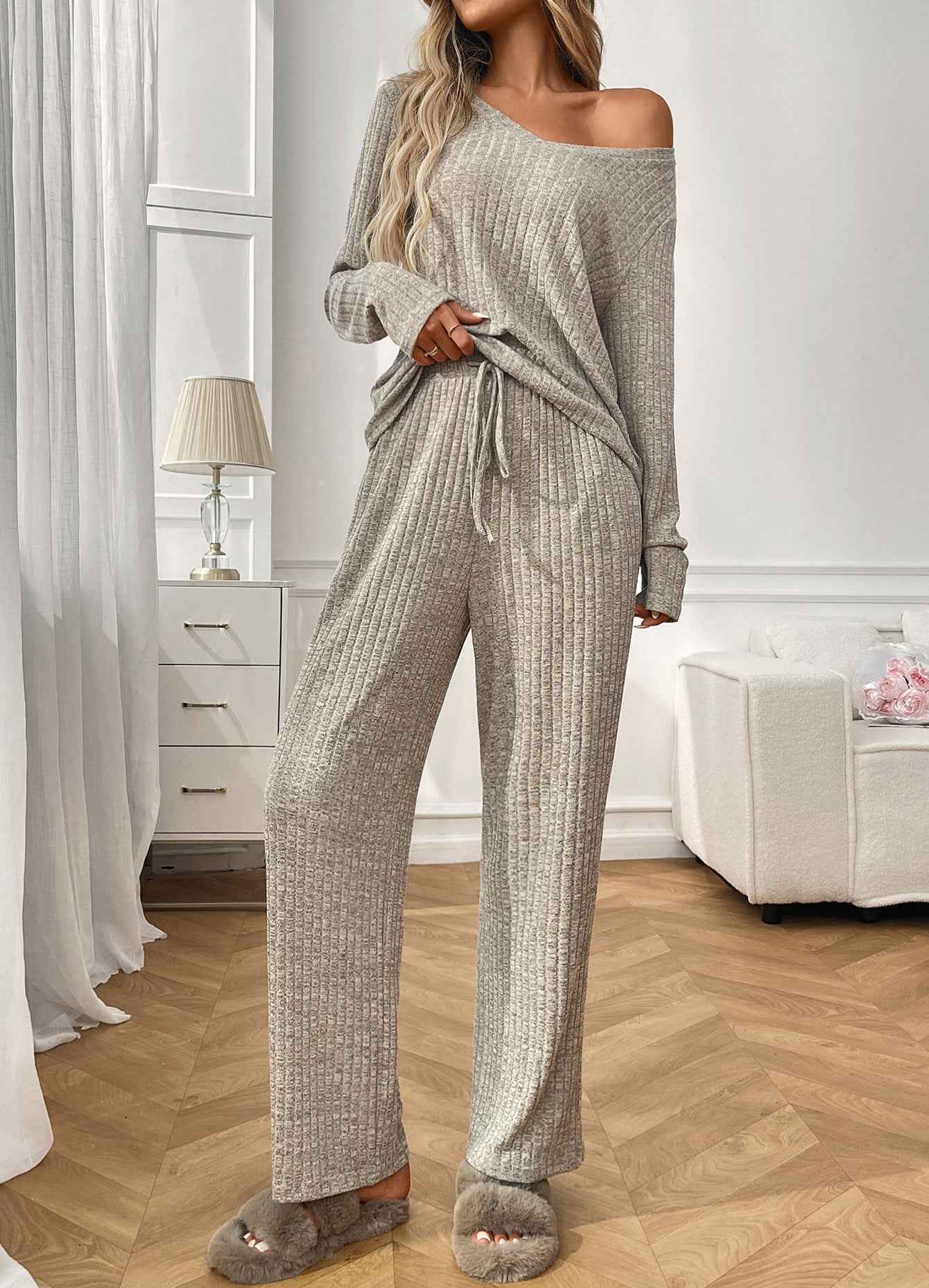Ribbed Round Neck Long Sleeve Pajama Set