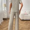 Ribbed Round Neck Short Sleeve Long Pants Set-khaki
