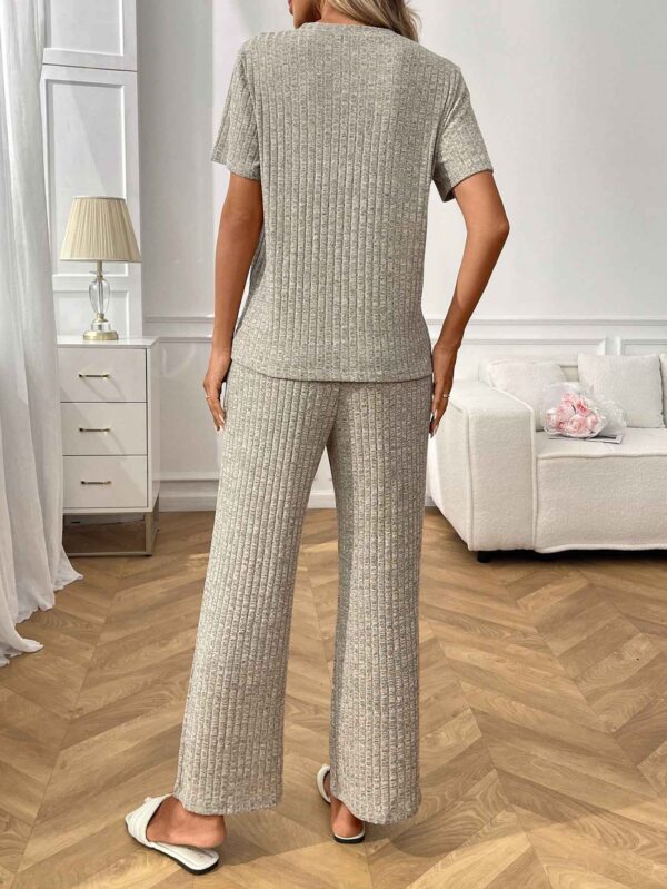 Ribbed Round Neck Short Sleeve Long Pants Set-khaki