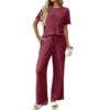 Ribbed Round Neck Short Sleeve Long Pants Set-Blue
