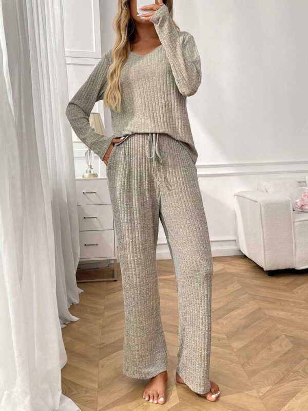 Ribbed Round Neck Long Sleeve Pajama Set