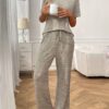 Ribbed Round Neck Short Sleeve Long Pants Set-khaki