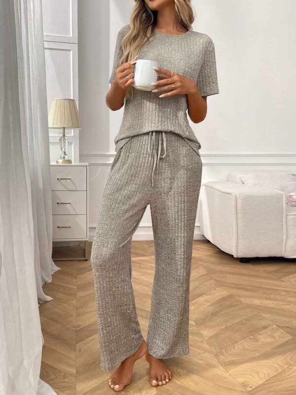 Ribbed Round Neck Short Sleeve Long Pants Set-khaki