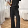 Ribbed Round Neck Short Sleeve Long Pants Set-Black
