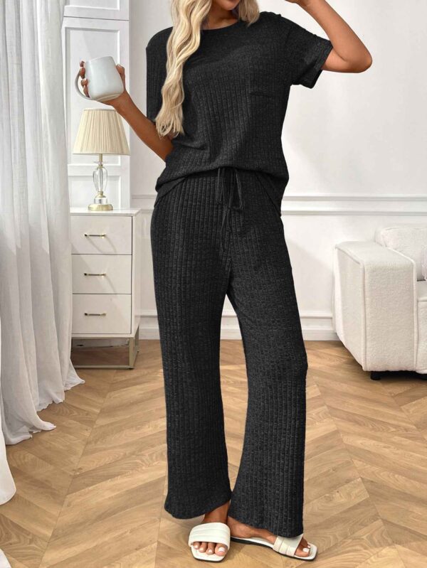Ribbed Round Neck Short Sleeve Long Pants Set-Black
