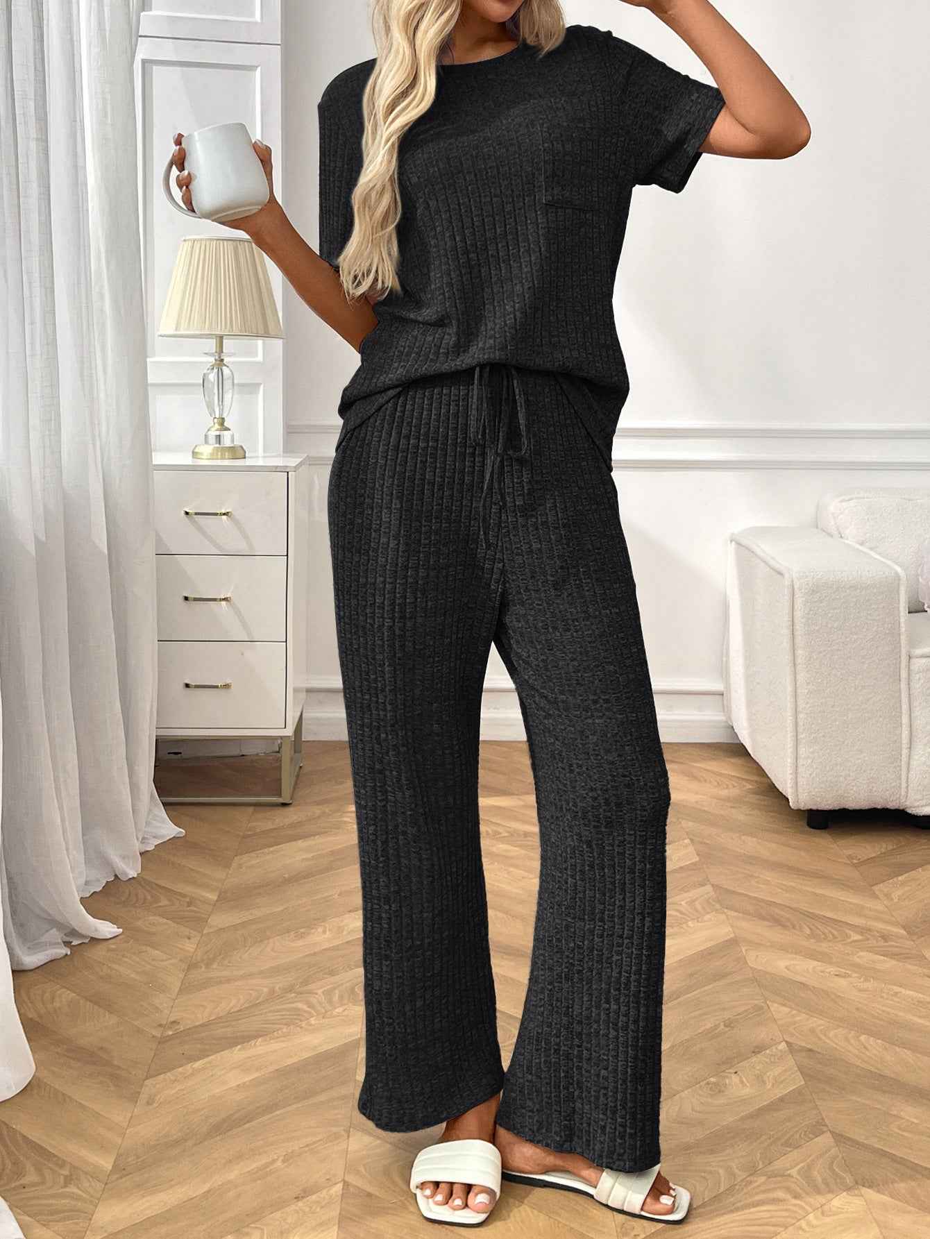 Ribbed Round Neck Short Sleeve Long Pants Set-Black