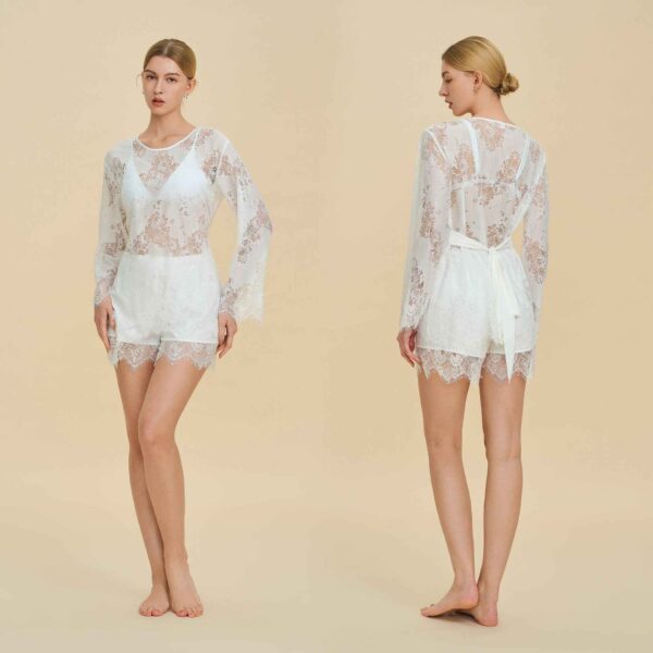 French Lace Hollow Long Sleeve Shorts Set
