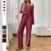 Ribbed Round Neck Long Sleeve Pajama Set