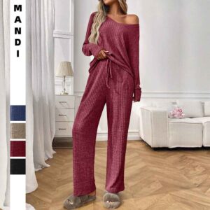 Ribbed Round Neck Long Sleeve Pajama Set