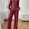 Ribbed Round Neck Long Sleeve Pajama Set