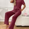Ribbed Round Neck Short Sleeve Long Pants Set-Red