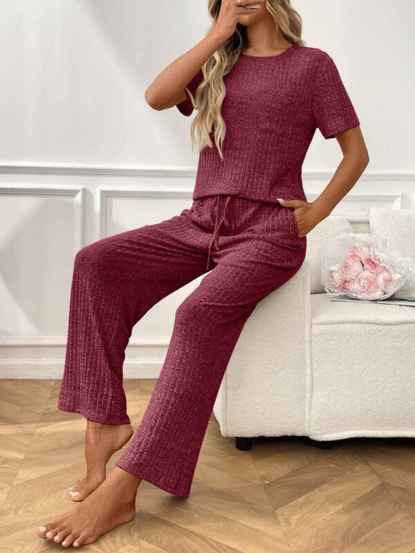 Ribbed Round Neck Short Sleeve Long Pants Set-Red