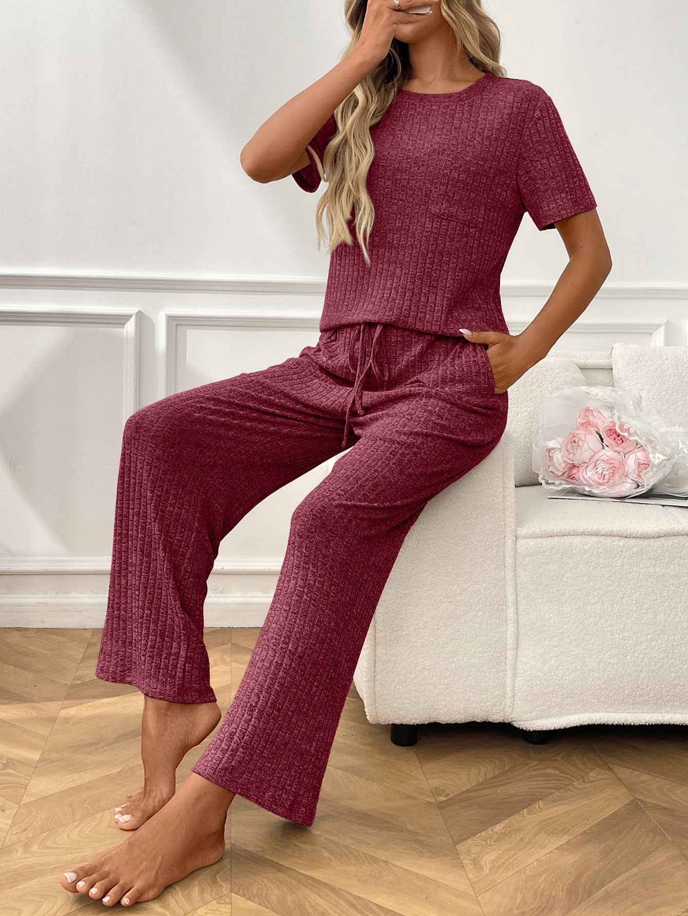 Ribbed Round Neck Short Sleeve Long Pants Set-Red