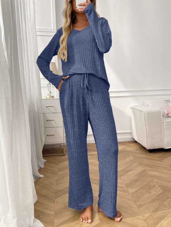Ribbed Round Neck Long Sleeve Pajama Set