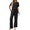 Ribbed Round Neck Short Sleeve Long Pants Set-Blue