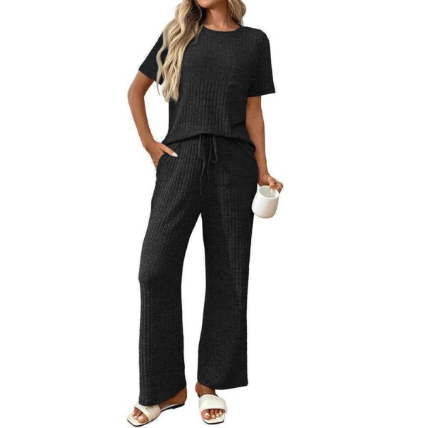 Ribbed Round Neck Short Sleeve Long Pants Set-Blue