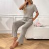 Ribbed Round Neck Short Sleeve Long Pants Set-khaki