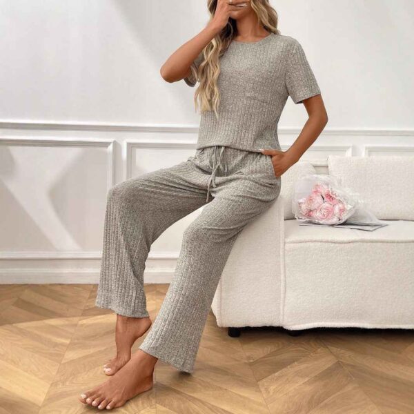 Ribbed Round Neck Short Sleeve Long Pants Set-khaki