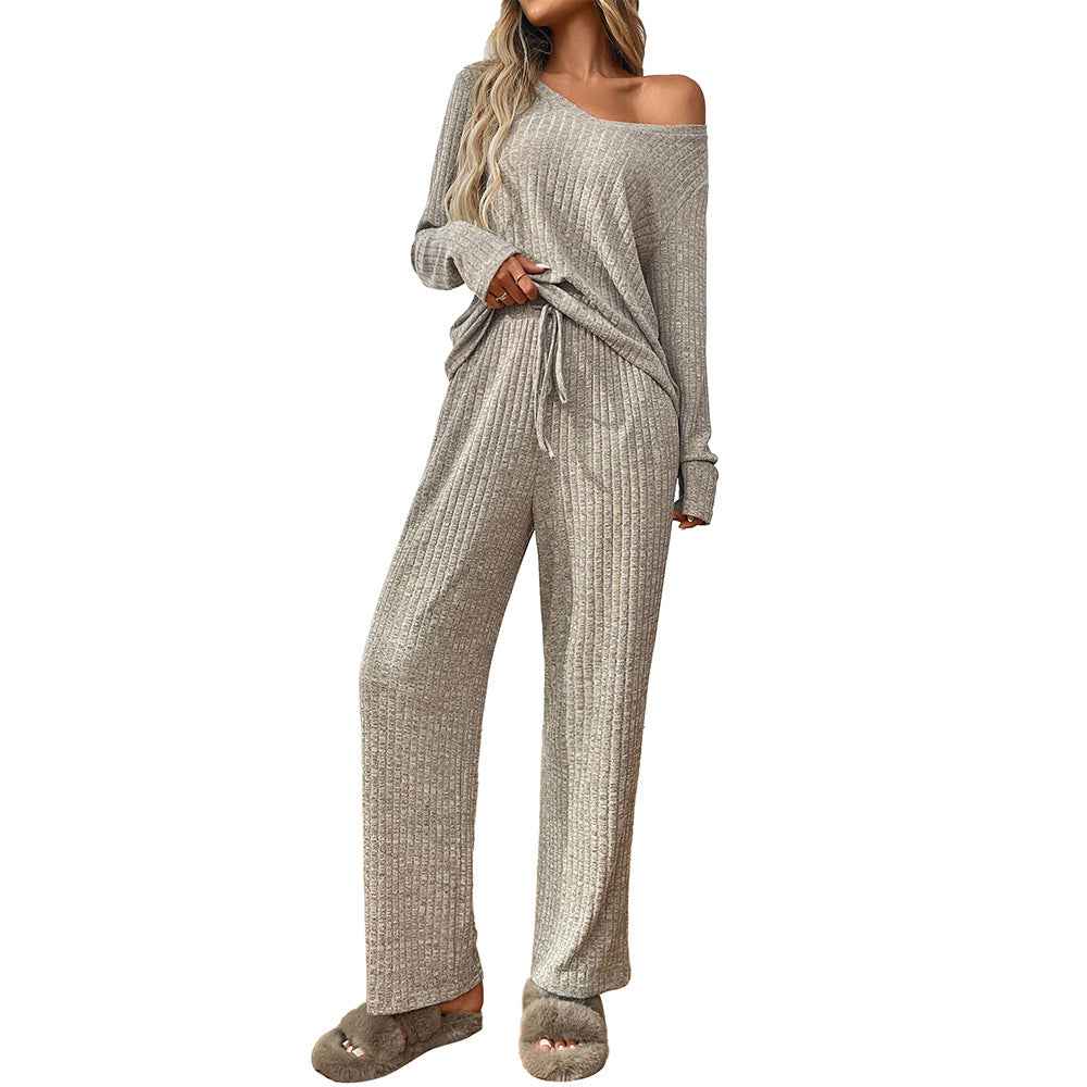 Ribbed Round Neck Long Sleeve Pajama Set
