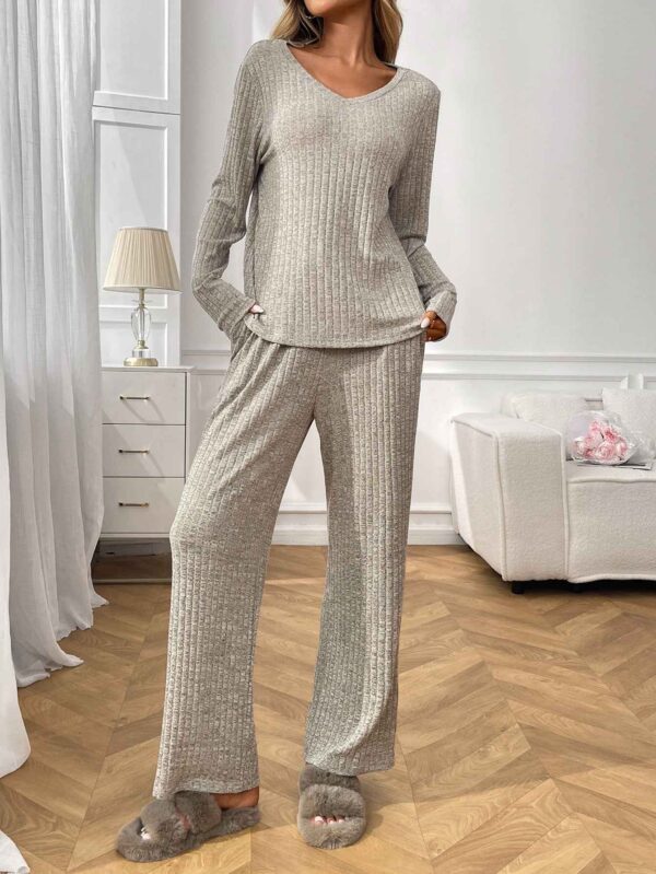 Ribbed Round Neck Long Sleeve Pajama Set