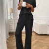 Ribbed Round Neck Short Sleeve Long Pants Set-Black