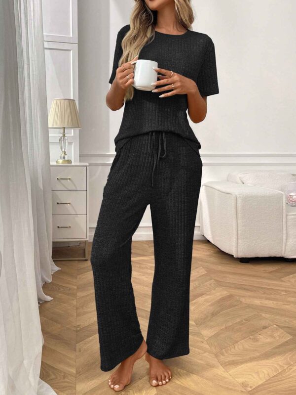 Ribbed Round Neck Short Sleeve Long Pants Set-Black