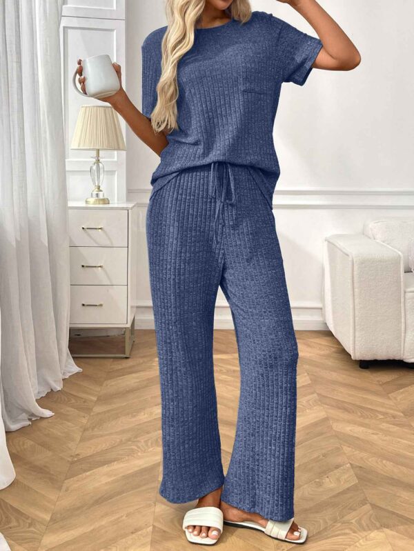 afeaf340 12357a7d 0e6c 4e6f a311 310b70c576b1.jpg Ribbed Round Neck Short Sleeve Long Pants Set-Blue