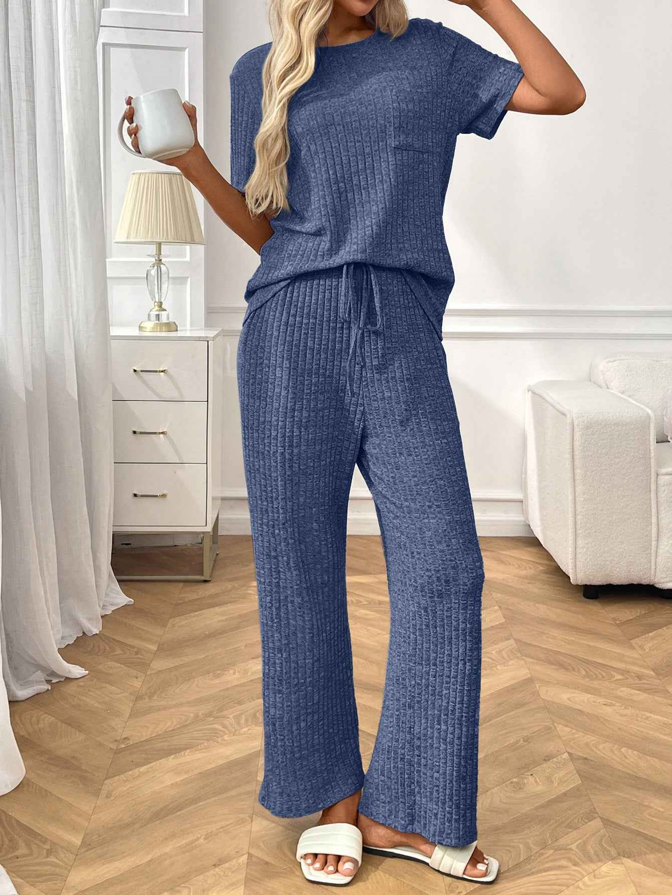 Ribbed Round Neck Short Sleeve Long Pants Set-Blue