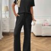 Ribbed Round Neck Short Sleeve Long Pants Set-Black