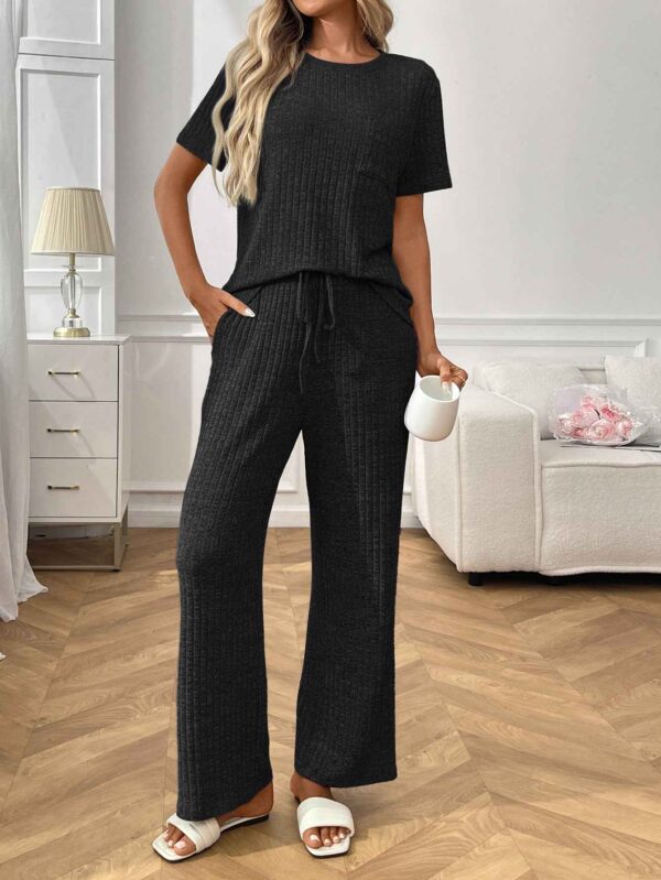 Ribbed Round Neck Short Sleeve Long Pants Set-Black