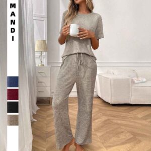 Ribbed Round Neck Short Sleeve Long Pants Set-khaki