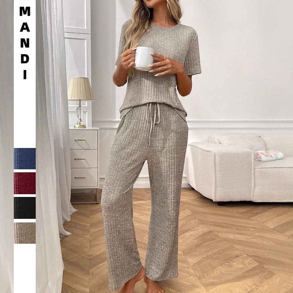 Ribbed Round Neck Short Sleeve Long Pants Set-khaki